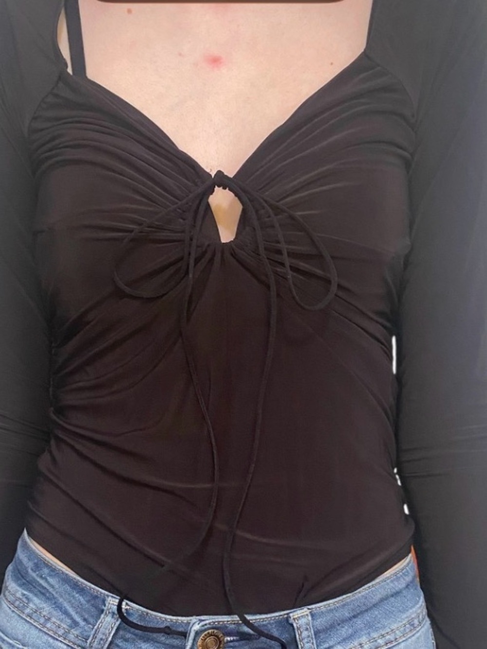 Forever 21 Black Ruched Tie-Front Long Sleeve Bodysuit size small stretch